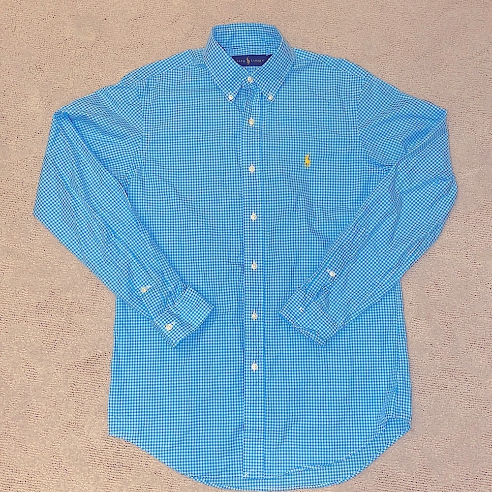 Men’s long sleeve plaid polo small blue gingham